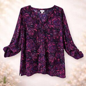 Maggie Barnes for Catherines Purple Floral Button-front Blouse -5X